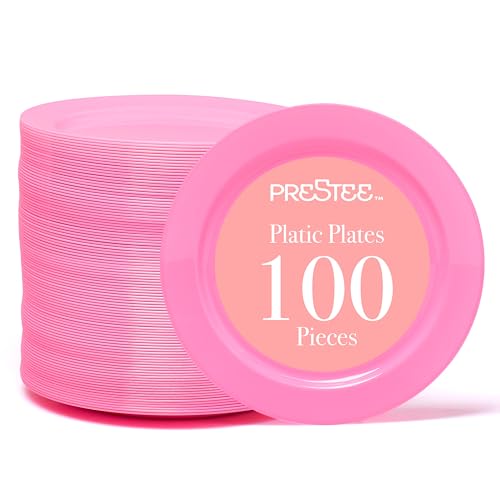 Prestee Pink Plastic Plates 6.25" – 100 Pack Disposable Party Plates for Wedding, Events, Parties – Elegant Pink Plastic Plates for Party, Fancy Disposable Dinnerware for Desserts, Salad