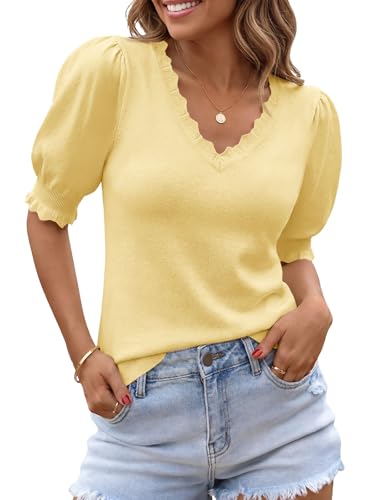 Saodimallsu Womens Puff Short Sleeve Sweater Tops V Neck Ruffle Trendy Casual Knit Pullover T Shirts Blouses Yellow