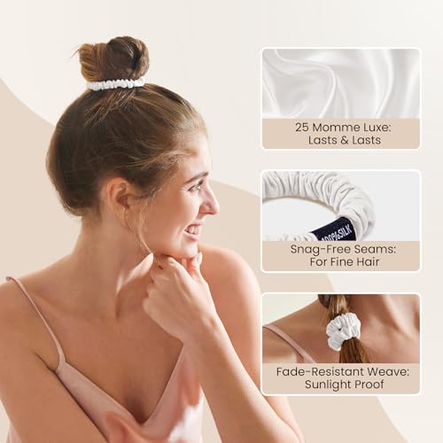 Image of THXSILK 100% Mulberry Silk Scrunchies 3-Pack, 25 Momme Mulberry Silk Hair Ties for Women, Sleek Low Profile No Damage Ponytail Holders, for Fine Hair & Everyday Use, Pearl White