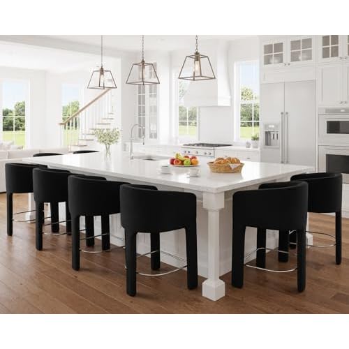 HNY Modern Barrel Bar Stool, 26 Inch Upholstered Velvet Counter Height Barstool with Open Back and Armrests, for Kitchen Island, Home Bar, Dining Room, No Assembly, Black