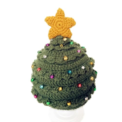 Unisex Christmas Winter Knitted Crochet Beanie Bearded Caps Christmas Tree Knit Hat Warm Hat Green with Stars