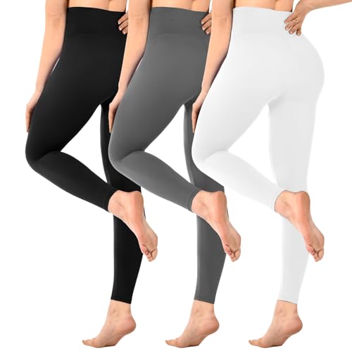 SINOPHANT Pack of 3 Women's High Waist Opaque Black Leggings for Gym Yoga Sports, Black/Grey/White, XXL