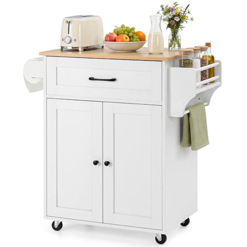 HOKEEPER Isla de Cocina con Almacenaje y Ruedas Bloqueables, Carrito de Cocina Independiente con Cajón, Aparador Blanco para Comedor y Salón