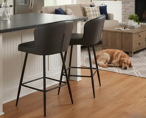 Image of EALSON 26 Inch Counter Height Bar Stools Set of 2 Leather Counter Stools with Back Modern Comfortable Bar Chairs with Metal Footrest Upholstered Kitchen Island Stool for Home Bar Dining Room, Grey