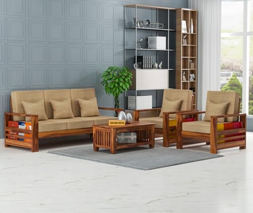 Image of Sheesham Wooden 5 Seater Sofa for Living Room | Rosewood 5 Seater Cushion Sofa with Side Rack | Solid Wood Sofa Set for Lounge (3+1+1,Honey)