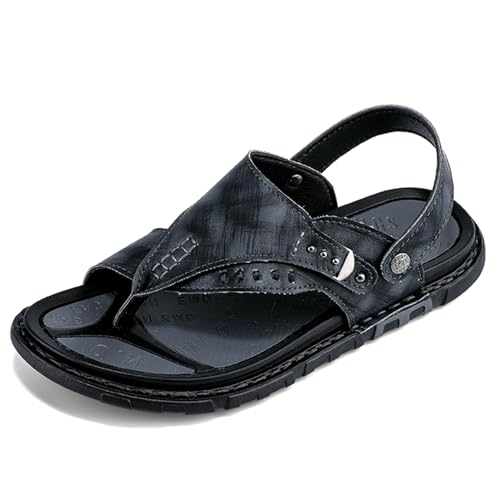 Men's Leather Sandals with Adjustable Strap Black Slip-On Beach Sandals Thong Open Toe Arch Support Non-Slip Soft Comfortable Slide Sandals