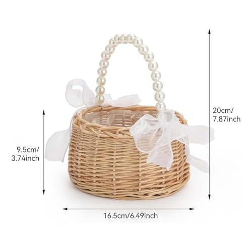 Wedding Flower Girl Basket with Pearl Handle, Bow and Waterproof Lining, Handwoven Cute Small Wicker Rattan Fairy Flower Basket for Wedding Home Garden Decor Outdoor Picnic
