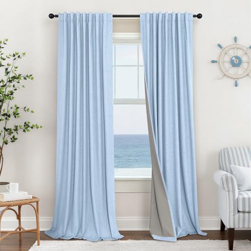 Total Blackout Baby Blue Linen Curtains 108 Inches Long 2