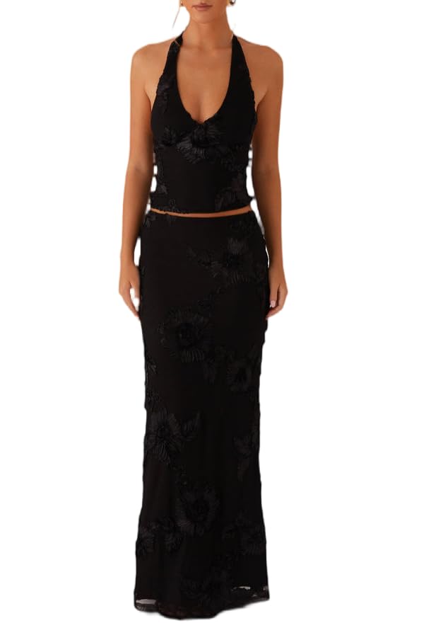 Women Floral Embroidered Maxi Skirt Set Y2k V Neck Backless Halter Crop Top Long Skirt Set 2 Piece Mesh Beach Outfits