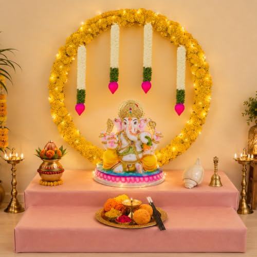 Image of SpecialYou Ganpati Decoration Setup for Home with Round Backdrop Stand for Decor with Bud Lotus Hangings | Ganpati Decoration Stand for Home | Ganapati Decorations Item (Yellow Marigold, 10)