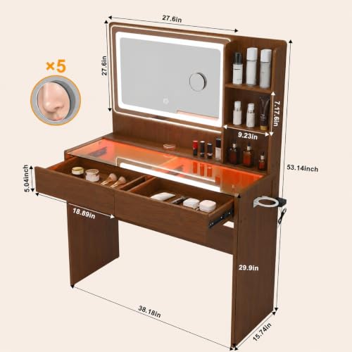 Image of Makeup Vanity Desk with LED Mirror & RGB Lights, Glass Top Vanity Table for Women, Adjustable Brightness & 3 Color Modes, 2 Drawers Storage, Peach Modern Bedroom Vanity Set