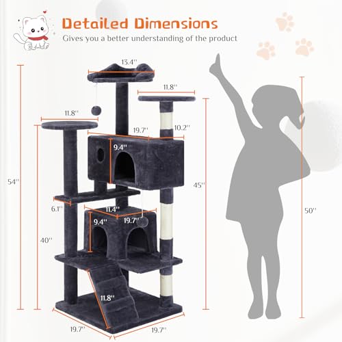 Image of Sweetcrispy 54 Inch Cat Tree Tower, Multi-Level with Cat Scratching Post, Indoor Cat Condo with Climbing Ladder, Plush Toy, Play House for Cat, Dove Grey