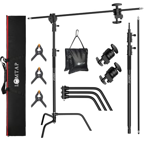 LOMTAP C Stand Light Stand Stainless Metal Photography Kit - Heavy Duty 10.8ft/330cm Vertical Pole, 4.2ft/128cm Boom Arm, Adjustable Base, Water Sandbag, 2 Grip Heads, 3 Clips for Softbox, Reflector