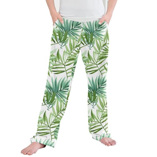 Green Leaves Long Pajama Pants Elastic Waist PJ Bottoms with Pockets S A110610