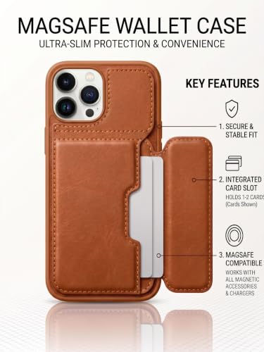 Image of amazon basics Luxury Vegan Leather Back Cover for iPhone 15 Pro | Built-in Card Holder Slot | Integrated Mobile Stand | Slim Shockproof Protective Case with Stitched Finish - Tan