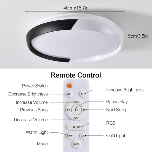 HENTAG LED Ceiling Light Fixture, Dimmable RGB Color Changing LED Lights, 15 Inch Smart Lights for Bedroom, Built-in Bluetooth Speaker, App & Remote Control for Living Room, Bathroom, Kitchen by HENTAG - Used condition - Image 7