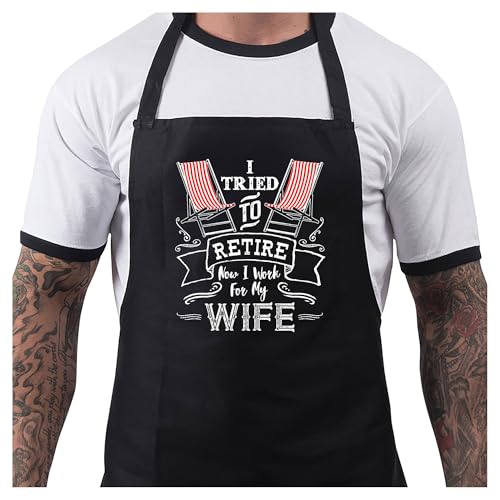 BBQ Aprons for Men - Funny Retirement Gifts for Men - Cotton BBQ Apron, Adjustable with 2 Pockets - Men's Retirement Gifts for Husband, Him, Friend, Uncle, Grandad - I Tried to Retire - Black