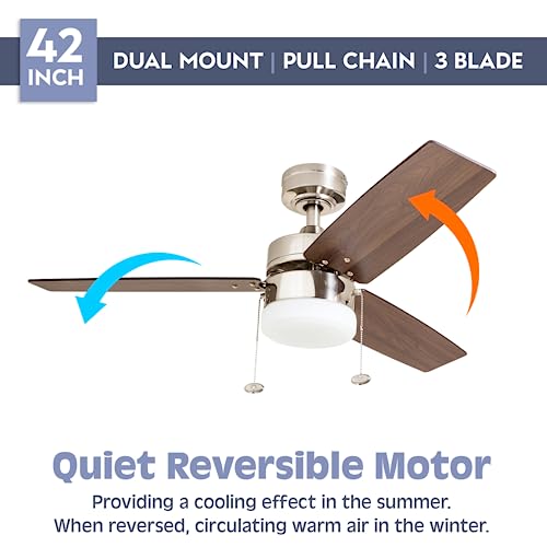 Prominence Home Reston, 42 Inch Modern Farmhouse Led Ceiling Fan With Light, Pull Chain, Dual Mounting Options, Dual Finish Blades, Reversible Motor - 51014-01 (Brushed Nickel) #TOP3