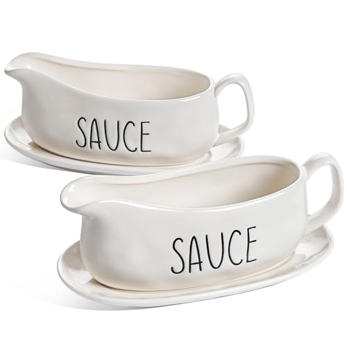Image of LE TAUCI Gravy Boat with Saucer Stand 16oz, Ceramic Sauce Boat with Tray for Salad Dressings, Creamer, Broth, Black Pepper- Set of 2, Oyster White