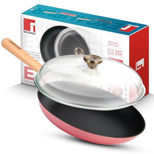 Image of BERGNER Excalibur Lightweight Cast Iron Frypan with Lid 28cm, Sturdy Wooden Handle, Non-Stick Coating, PFAS Free, Perfect Heat Distribution, Elegant Design - Induction Compatible (Pink)