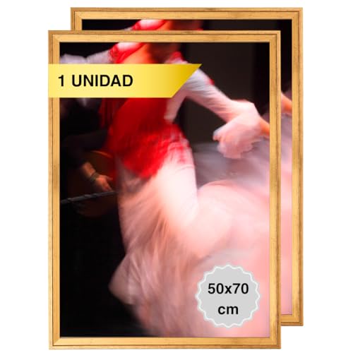 MARCOFOTO Set de 2 Marcos de Fotos Vintage - Marco para Cuadros - Marco de Fotos - Marco Foto - Marcos Cuadros - Marcos Fotos Pared con Plexiglas - Marco Fotos - Marcos Madera MDF Dorado - 50X70