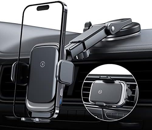 Wireless Car Charger Mount, 15W Full Auto-Clamping Fast Charging Air Vent Dash Windshield Phone Car Holder for iPhone 14 Pro/13 Pro/ 12/11/Xr/8, Samsung S23/S22/S21/Note 20(with QC 3.0 Car Charger)