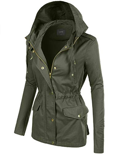 LE3NO Womens Cotton Hooded Military Safari Anorak Jacket, OLIVE, Small - Thumbnail 2