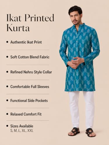 Image of Studio Shringaar Men's Cotton Blend Relaxed Fit Ikat Printed Knee Length Kurta