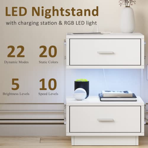Hosote White Nightstand With Charging Station And Led Lights, Modern Night Stand With 2 Drawers And Open Storage Space, Small Bedside Tables For Bedrooms, End Side Tables Living Room #TOP3