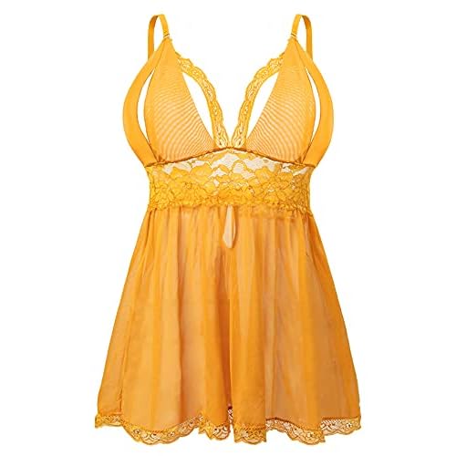 EVELIFE Vestido sexy para mujer de talla grande Babydoll de encaje, ropa de dormir con tanga, amarillo, 4XL