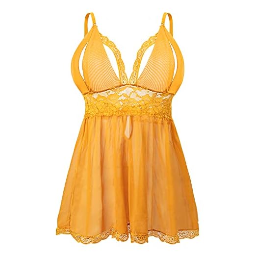 EVELIFE Vestido sexy para mujer de talla grande Babydoll de encaje, ropa de dormir con tanga, amarillo, 4XL