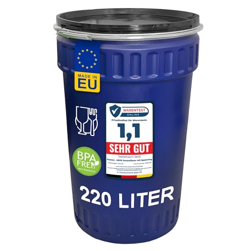 plasteo® 220 Liter Weithalsfass mit Deckel und Spannring, Lebensmittelecht und BPA-Frei, Futtertonne Kunststofffass Deckelfass Regentonne Lagerfass Sauerkrautfas, Stapelbar und Palettengerecht, Blau