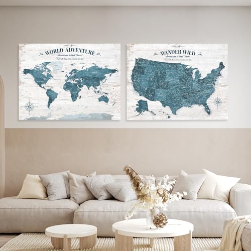 Image of IPIC - Antique Blue World Map & USA Map Canvas Wall Art Set of 2, Travel Wall Decor with Pins Included, Ready to Hang for Office or Living Room, 40x30 Inch