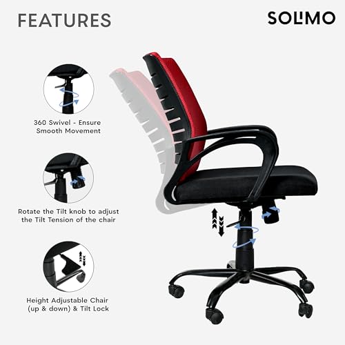 Image of Amazon Brand - Solimo Worklo Mid Back Office Chair for Work from Home | Study | Revolving | Computer (Heavy Duty Powder Coated Metal Base, Stylish Red Mesh)
