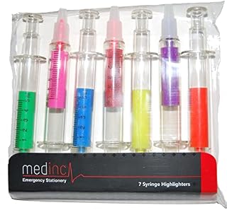 Medinc Pack of 7 Syringe Highlighters Great Nurse Novelty Pen Stationary Set or Doctor Medical Student Stationery Set NHS Accessories Needle Marker