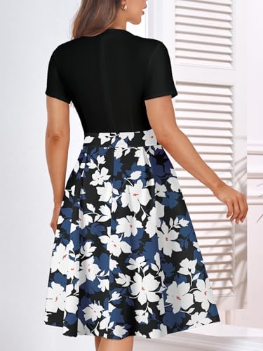 Image of YATHON Womens Elegant Print Notched Neck Slant Pocket Pleated Hem Casual A-Line Dress