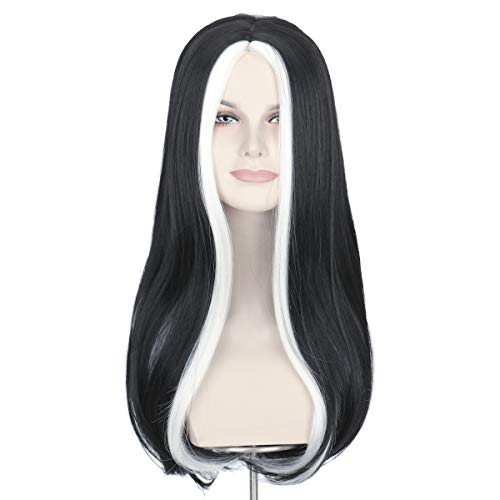Missuhair Black White Strands Wig - Long Wavy Center Part Women Halloween Costume Wig