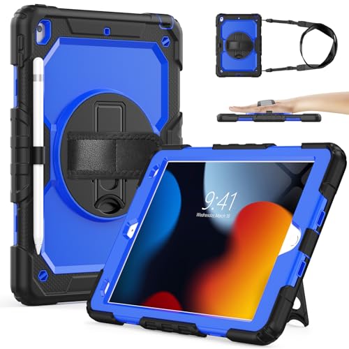 SIBEITU Case Compatible with iPad 9th/8th/7th Generation with Screen Protector Pen Holder, iPad Case 10.2 Inch, Heavy Duty Protection Cover W/Stand Hand Shoulder Strap for iPad A2602 A2197