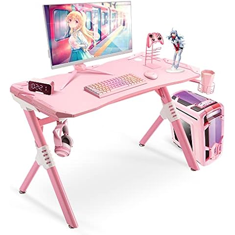 S*MAX Pink Gaming Desk with LED Lights Gaming Computer Desk Wireless Charging Pad Carbon Fiber Finish K Shaped Cute Gaming Table 47 Inch with Cup Holder Headphone Hook Home Gaming Desks Pink Cover