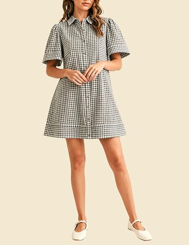 Image of Womens Short Sleeve Button Down Mini Shirt Dress Lapel Collar Short Dresses with Pocket