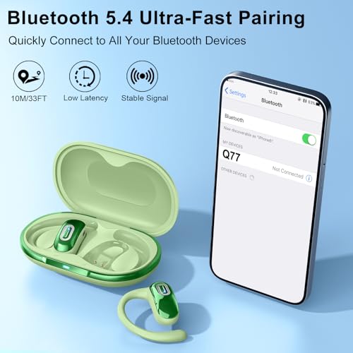 Image of Open Ear Headphones, Bluetooth 5.4 Earbuds, 50H, Air Conduction Ear buds, HD Stereo Bass Over Ear Earphones with Earhooks, Ultra-Comfort Secure Fit, IPX7 Waterproof Headset for Working Sports, Green
