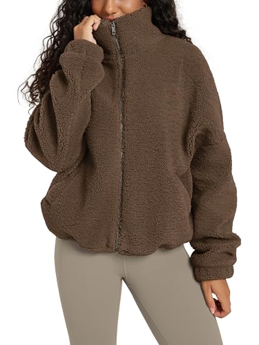 ODODOS Womens Sherpa Fleece Full-Zip Jacket Long Sleeve Coat Soft Warm Cinchable Outerwear with Pockets, Coffee Brown, Small