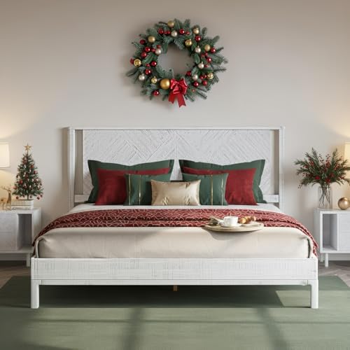 Bme Ethan Solid Wood King Bed Frame with Diamond Headboard - Rustic & Mid-Century Modern - Acacia Wood Platform Bed - Compatible with All Mattresses - No Box Spring Needed - Rustic White