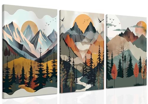 Mountain Canvas Wall Art Set of 3, Boho Sun Forest