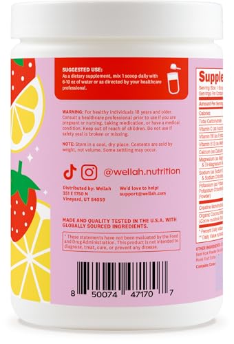 Image of Wellah Creatine + Electrolytes Powder (Strawberry Lemonade) 30 Servings - Hydration Drink Mix with 3g of Creatine Monohydrate