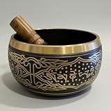 Tibetan Singing Bowl with Wooden Mallet, 7 Metals Hand Engraved Design, Black and Gold Meditation Bowl (NEGRO, 105)