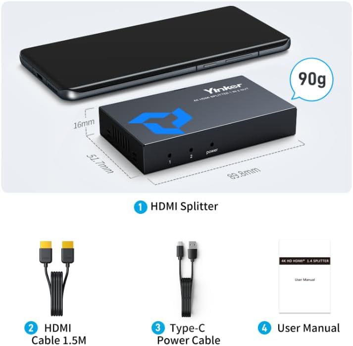 Yinker 4K HDMI Splitter package contents including the splitter, HDMI cable, USB power cable, and user manual.