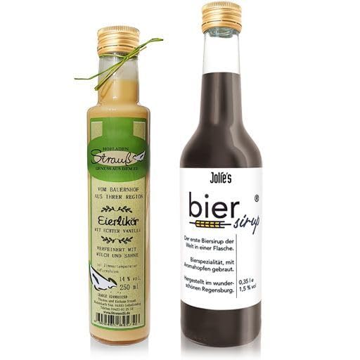 Jolie´s Probierpaket Biersirup 0,35l & Eierlikör 0,25l – Geschenkset aus Bayern – Regionale Spezialität | Geschenk für Bierliebhaber & Feinschmecker | Ohne Zusatzstoffe & Gentechnik