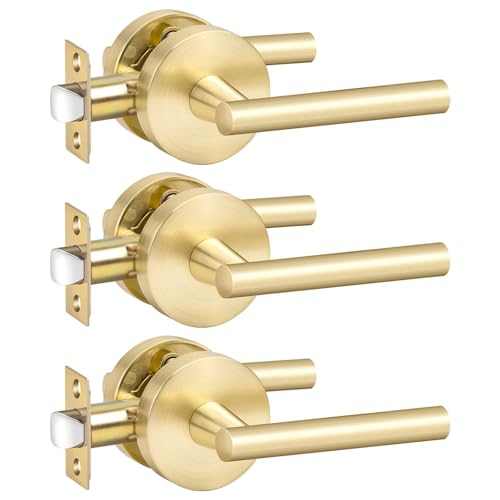 Image of Goldenwarm 3 Pack Gold Passage Door Handles, Closet Door Lever Brushed Gold Interior Door Handle for Hall and Closet, Zinc-Alloy Heavy Duty DoorHandles Reversible(no Lock)