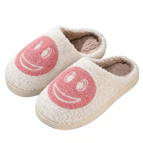 Cute Kids' Cartoon Smile Face Slippers, Soft Plush, Non-Slip, Warm, Indoor/Outdoor, White/Pink